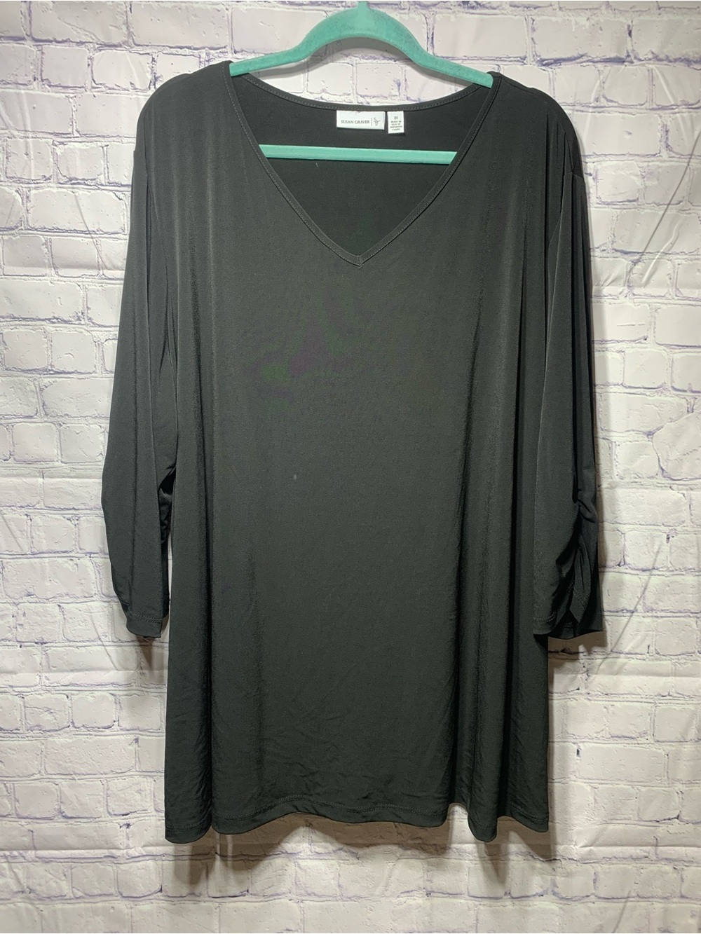 Susan Graver Womens Liquid Knit V-Neck Longer Length Top Black Sz 3X Casual